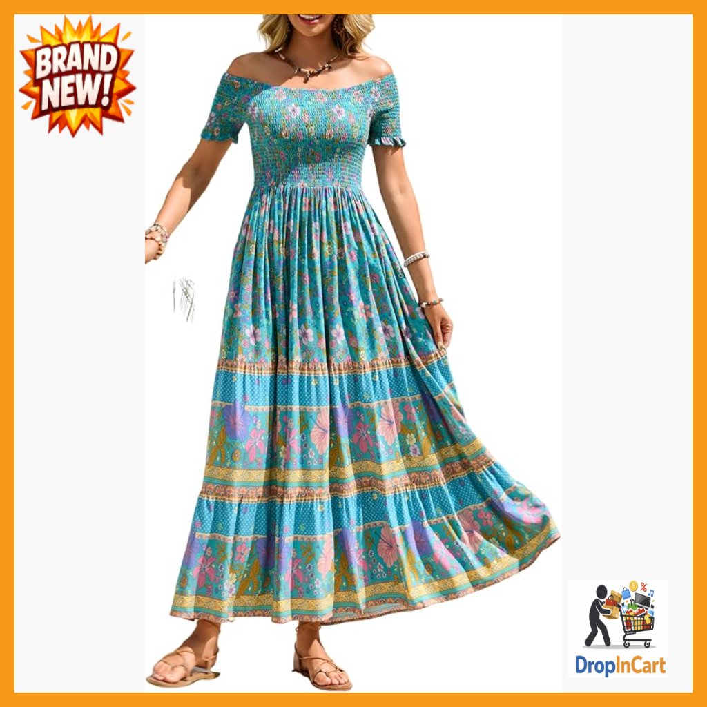 Off-Shoulder Maxi Dress Empire Waist Boho Floral Print Casual Summer Flowy